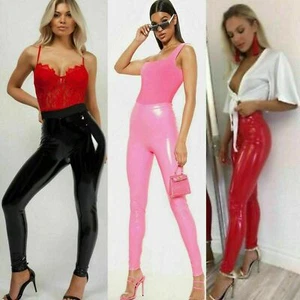 Vinyl PVC Wet Look Shiny Disco Elasticated High Waist Legging Pant Women Ladies - Picture 1 of 14