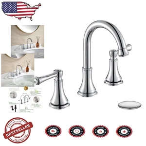 Chrome Widespread Bathroom Faucet 3 Hole 8", High Arc Swivel Spout, Pop-Up Drain - Picture 1 of 8