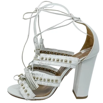 Sandalia Gladiador Aquazzura Blanca Tulum Flecos Cuero Tachonado Talla 37.5 Foto 1 de 4