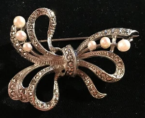 Antique Continental Silver Bow Brooch with Marcasites and Pearls - Picture 1 of 6
