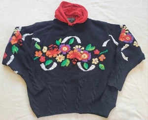 Suéter tejido a mano vintage Berek 1989 algodón Pima floral capucha/cuello de búco mediano - Imagen 1 de 11