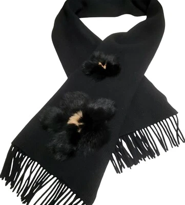 Nuevo Portolano Corderos Mezcla de Lana Bufanda Piel Flores Angora Conejo Negro Envoltura 12x70 Foto 1 de 4