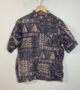 Vintage Reyn Spooner Shirt Large Hawaiian Aloha Camp Hawaii Geometric Blue Cream - Picture 1 of 5