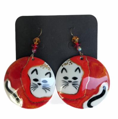 Ritchart Handcrafted Artisan Ceramic Lucky Cat Round Earrings Dangle Disc 1.5" - Image 1 of 4