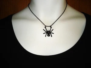 Halloween Goth Black Rhinestone 1 1/4" Black Alloy Spider on 16" Necklace - Picture 1 of 8