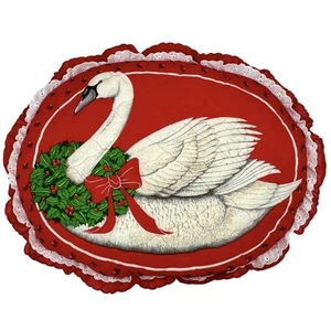 Vintage 80er Folk Cottage Weihnachten gesteppt Schwanenkranz Couch Akzent Kissen - Bild 1 von 5