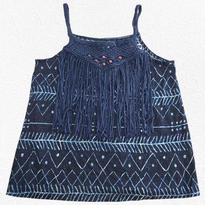 Топ безрукавка Denim & Supply Ralph Lauren Blue Aztec Boho Macrame с бахромой размер большой - Изображение 1 из 4