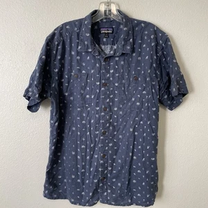 Patagonia Mens Shirt Large Back Step Button Up Blue Patterned Hemp Cot Outside - Picture 1 of 5