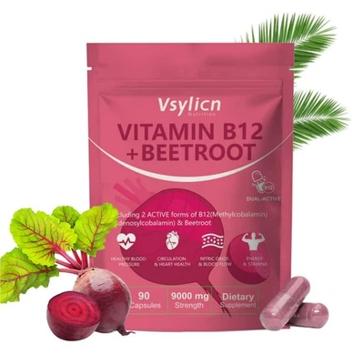 VSYLICN Vitamin B12 & Beetroot Supplement | 1000mcg B12, 9000mg Beetroot