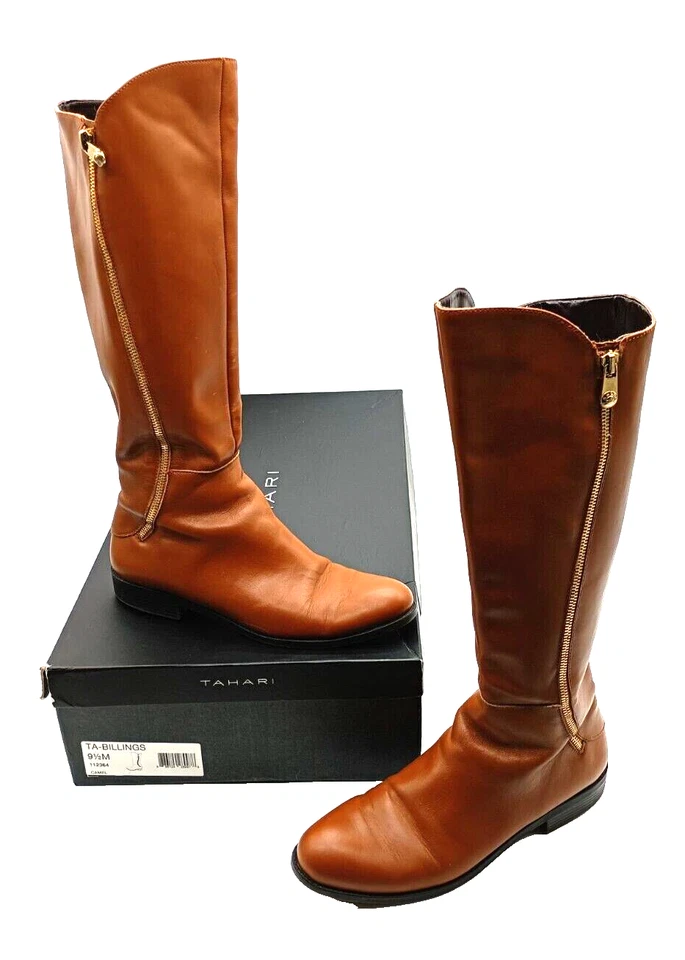 Botas Tahari Mujer Marrón 9.5M Cuero Planas Doble Lateral Cremallera Hasta la Rodilla Billings Foto 1 de 4