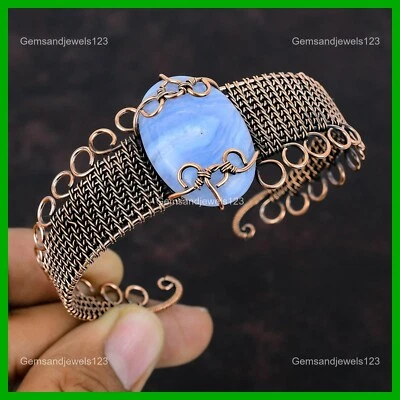 Brazalete de cobre ovalado de encaje azul ágata piedra alambre envuelto tercer ojo chakra Foto 1 de 4