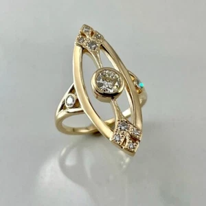 Anillo de Cena Largo Forma Navette, Antiguo Corte Europeo Chapado en Oro Plata Anillo de Boda - Imagen 1 de 3