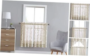 Pair of 2 30 (W) x 24 (L) Inch Golden Linen Lace Cafe Curtains (Tiers) with - Picture 1 of 6
