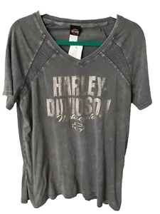 Harley-Davidson Size XL V-Neck Short Sleeve Distressed Sparkle Gray Tee, Gray - Picture 1 of 5