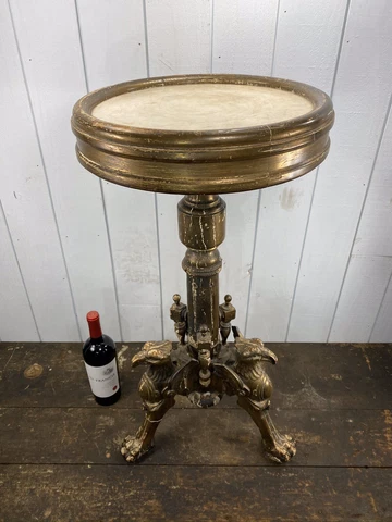Renaissance Revival c1840’s Gold Gilded Marble Top Pedestal With Eagle Feet Cover