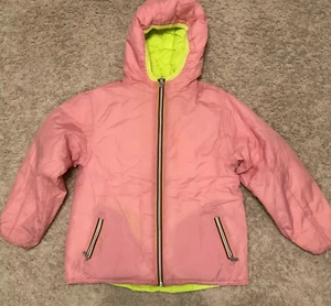 K-WAY FOR J.CREW CREWCUTS GIRLS' REVERSIBLE DOWN JACKET SIZE 14-16 PINK/NEON YEL - Picture 1 of 12