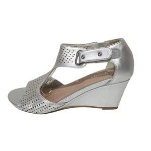 Instep Womens Open Toe Sandals Wedge Heel Silver Size 7 T- Bar Punched Leather - Picture 1 of 12