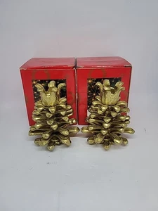 2er Set Kerzenständer massiv Messing Tannenzapfen Zuhause für die Feiertage MCM Vintage - Bild 1 von 8