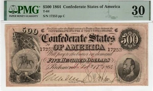 T-64 PF-2 1864 $500 Confederate Paper Money - PMG Very Fine 30! - Picture 1 of 2