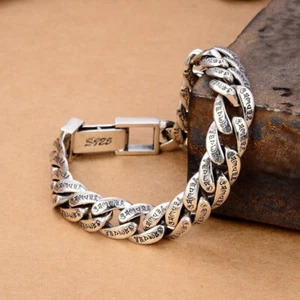 Pure S925 Sterling Silver Chain 11mm Six Words Curb Link Bracelet 44-45g 7.9in - Picture 1 of 6