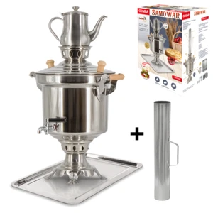Holzkohle Samowar Set 5l Edelstahl Samovar Schornsteinrohr Tablett Teekanne 0,9 - Bild 1 von 1