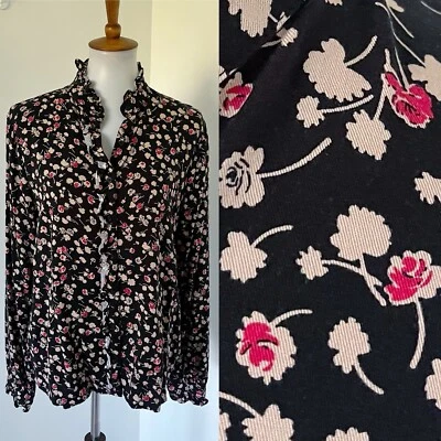 Blusa Top Camisa Chaps Negra Floral Volantes Botón Frontal Viscosa Mangas Largas XL Foto 1 de 4