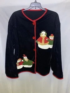 Damen XL schwarz Samt Vintage Schneemann Urlaub Button Down Strickjacke Weihnachten - Bild 1 von 6