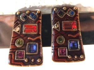 Chico's Enamel Multicolor Rhinestones Clip On Earrings Geometric Boho Tribal - Picture 1 of 5