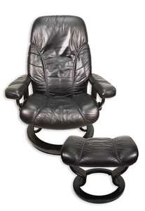 Ekornes Stressless Danish Black Leather Swivel Lounge Chair with Ottoman - Picture 1 of 11