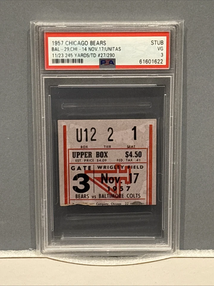 1957 Bears v. Colts @ Wrigley -- Johnny Unitas TD #27/290 -- Talón de boleto PSA Foto 1 de 1
