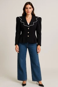 Vintage Leslie Fay Black Blazer 80s Puff Sleeve Pearl Button Wavy Collar Sz 14 - Picture 1 of 10