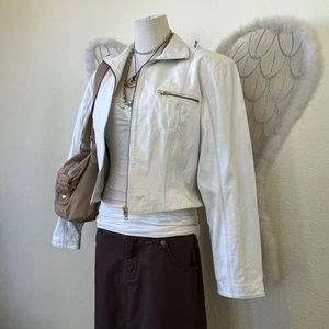 Giacca moto vintage anni 80 bianca vera pelle zip colletto anteriore minimal ritagliata - Foto 1 di 9