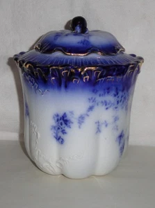 Antico vaso cracker Flow Blue Labelle con coperchio ~ Wheeling Pottery WV La Belle - Foto 1 di 14