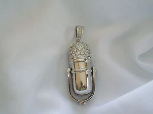 NEW STERLING 925 SILVER MICROPHONE STYLE PENDANT WITH CUBIC ZIRCON - Picture 1 of 3