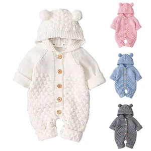 Baby Boy Girl Knitted Romper Outfits Infant Hoodie Sweater Bear Jumpsuit Overall - Picture 1 of 24