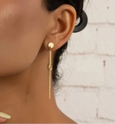 Womens Minimalist Long Knot Gold Metal Dangle Drop Decor Earrings Wedding Party - Image 1 of 4