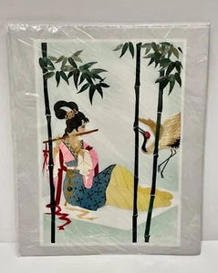 Handgeschnittener gefärbter Stiel auf Seidenwandkunst mit Geisha und Kranich Vogel, Packung nie geöffnet - Bild 1 von 6