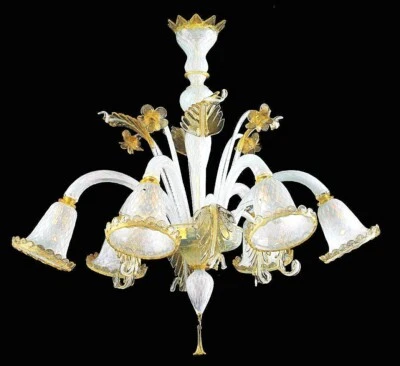 Классическая люстра из муранского стекла с 24-каратным золотом ручной работы в Италии 6 ламп - Изображение 1 из 4