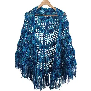 Handmade Crochet Shawl Womens Size 2X Blue Knit Fringe Open Relaxed Boho - Picture 1 of 9