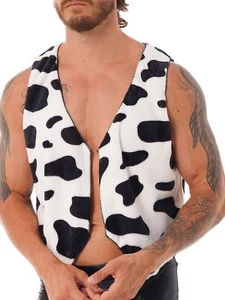 US Mens Cow Print Cosplay Vest Flannel Open Front Short Coats Halloween Costume - Picture 1 of 13