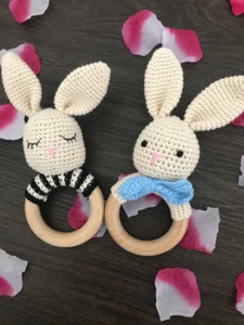 Handmade Crocheted Teething Bunny Rattle Wooden Ring Teether Toy Gift for Baby - Picture 1 of 3