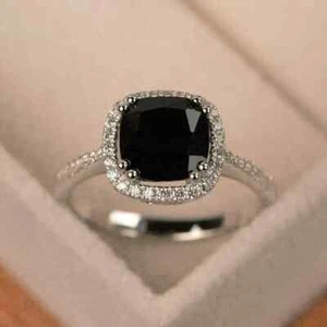 2Ct Cushion Lab Created Black Diamond Halo Engagement Ring 14K White Gold Plated - Picture 1 of 7