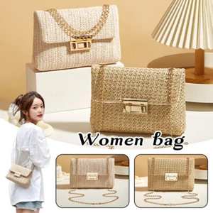 Kleine quadratische Damen-Umhängetasche aus geflochtenem Stroh goldfarbenem Kettenriemenverschluss - Bild 1 von 14