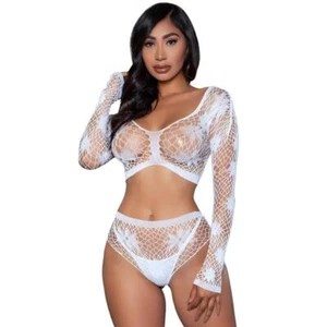 Weites Netz Blumen Cami Crop Top Booty Shorts Set transparent lange Ärmel weiß 2153 - Bild 1 von 4