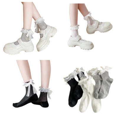 Women Lace Bow Mesh Mid Calf Socks Stretch Thin Summer Autumn Stocking 3 Pairs  - Image 1 of 4