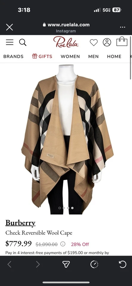 Poncho con Capa a Cuadros Reversible de Lana Burberry Color Camel Talla Única Nuevo 40294061 Foto 1 de 1