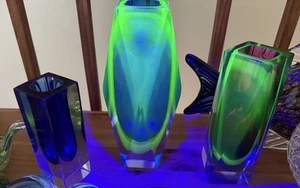 3x Murano Sommerso Glass Block Vase 2x uranium - Picture 1 of 18