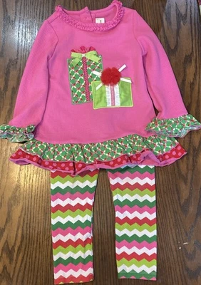 罕见版本女孩 5 码假日套装礼物粉色束腰上衣打底裤 — 第 1/4 张图片