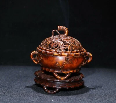 10 cm China Natural old wood carving Bamboo pattern Boxwood incense burner - Imagem 1 de 4
