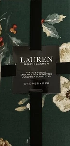 Ralph Lauren Green ~Holly , Berries Festive Set Of 4 Napkins ~20 X20 Inches - Picture 1 of 4